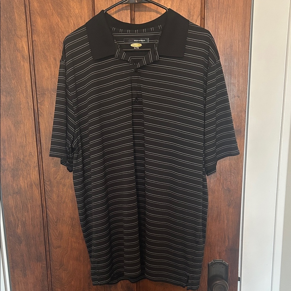 Greg Norman Collection Black and Gray Striped Polo